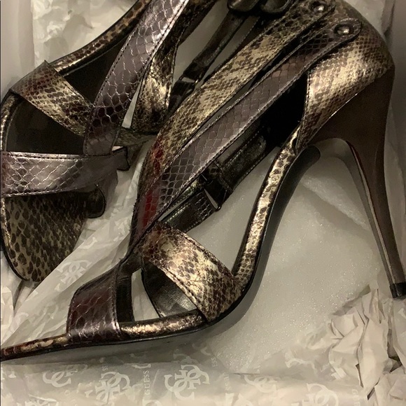 Pewter and Gold Double Buckle Guess Heels - Picture 7 of 9